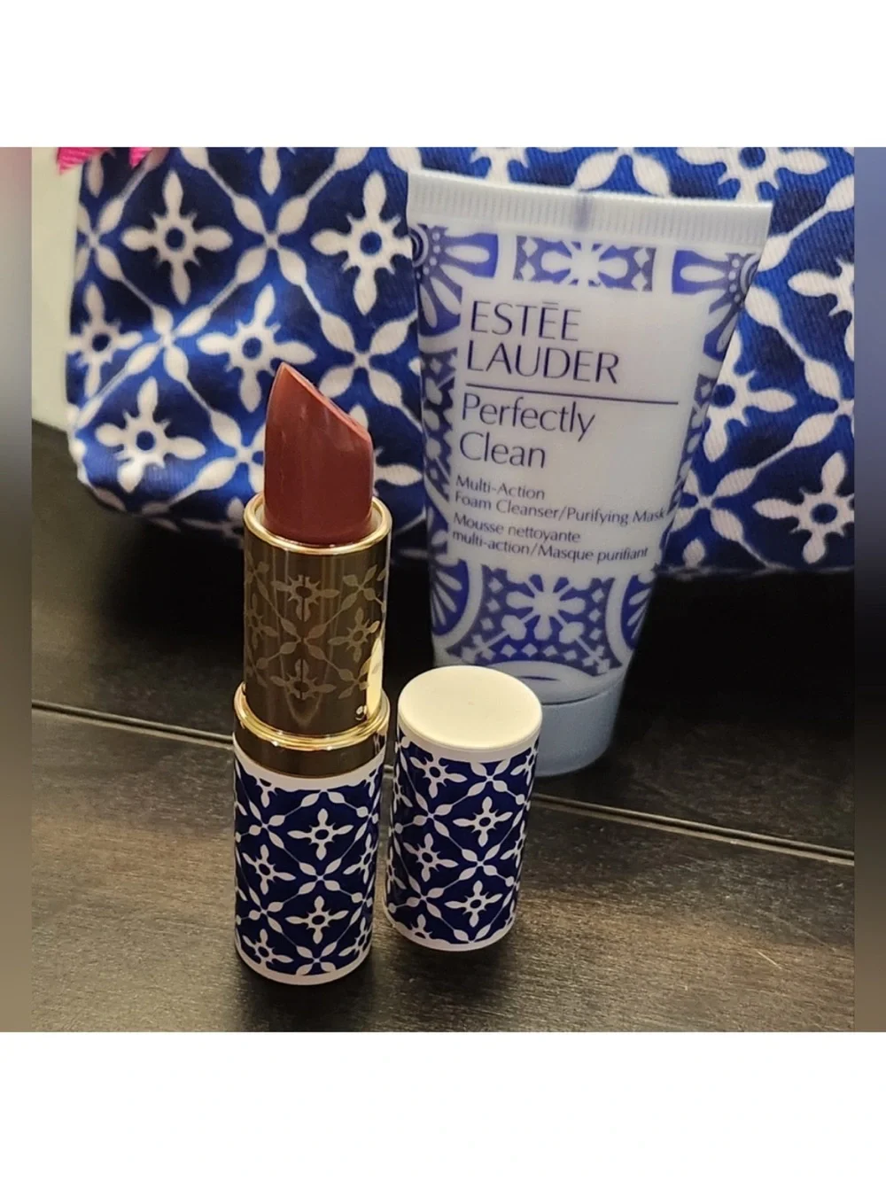 Estee Lauder Blue & Pink Patterned Cosmetic Pouch Bundle